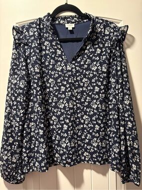 J.Crew Women's Navy Floral V-Neck Long Sleeve Blouse